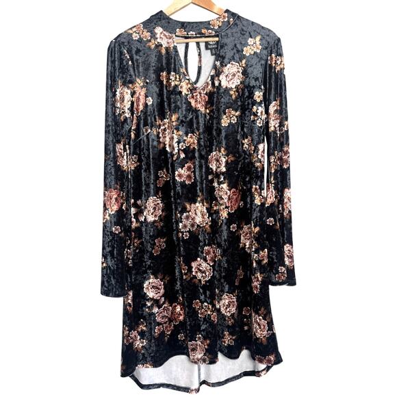 Bobeau Floral Velvet Like Long Sleeve Dress | Black Gold Rose Print | Size M - Picture 1 of 6